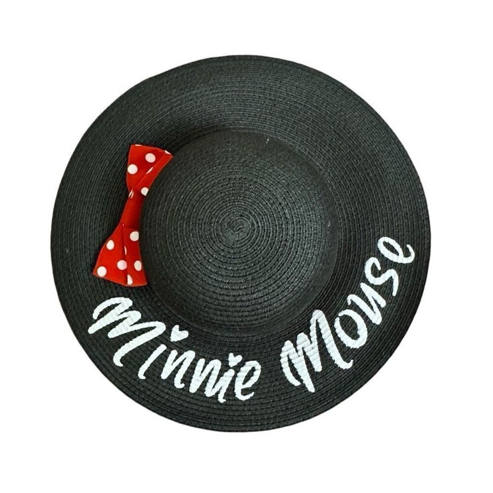 Disney Parks Minnie Mouse Signature Red Bow Floppy Summer Hat Black Straw Adult